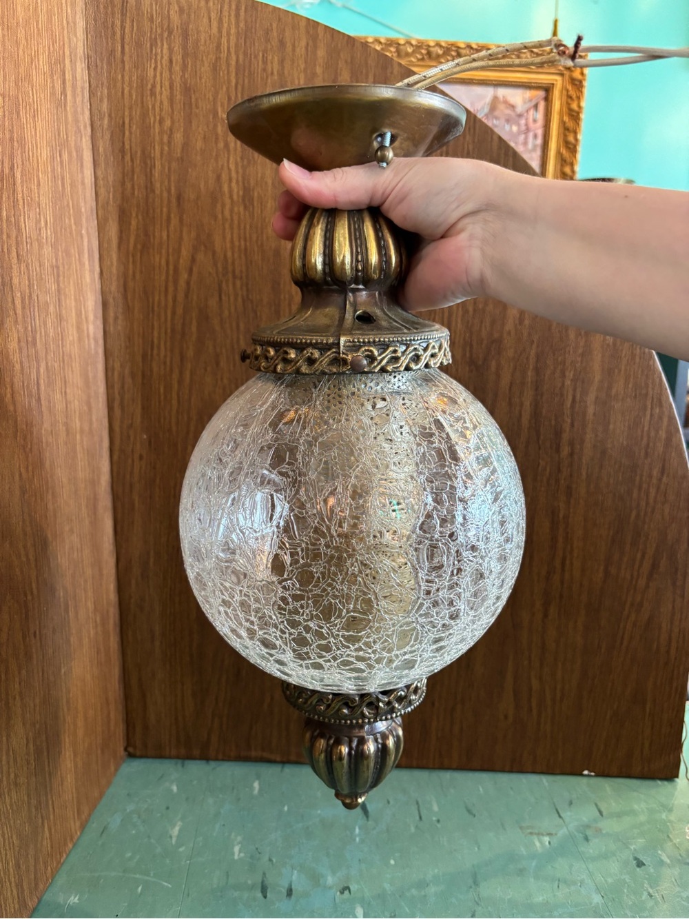 Vintage Ceiling Light Fixture Crackled Glass, Bronze, Ornate, MCM 1960s